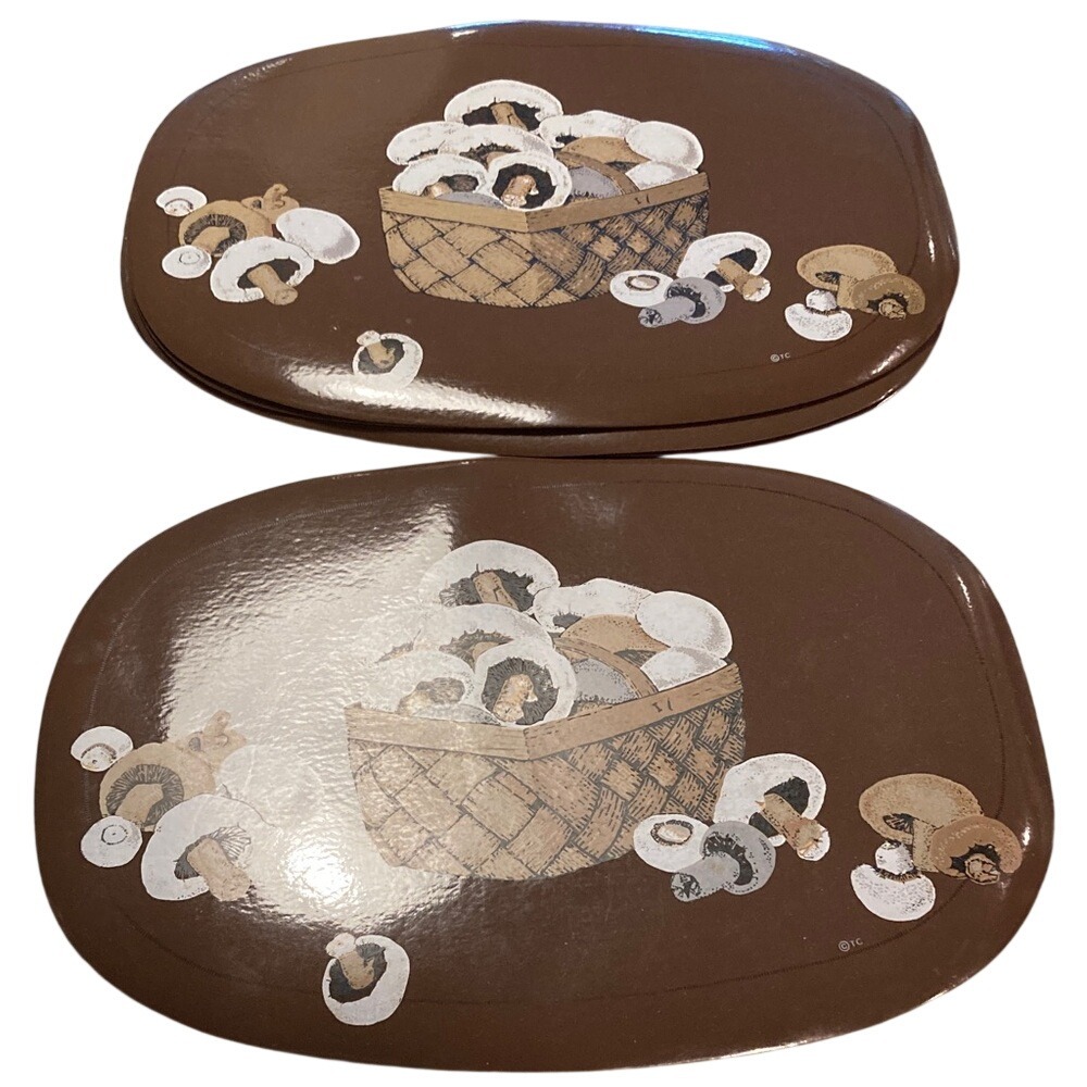 Vintage 1970s Brown Mushroom Basket Melamine Vinyl Placemats Set‎ of 6 Retro